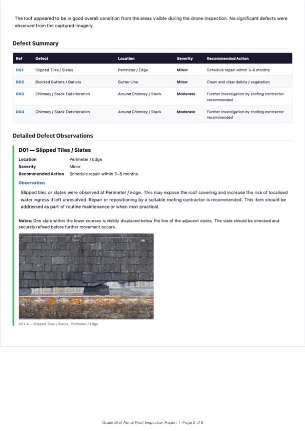 Quadrelliot inspection report showing a documented roof defect